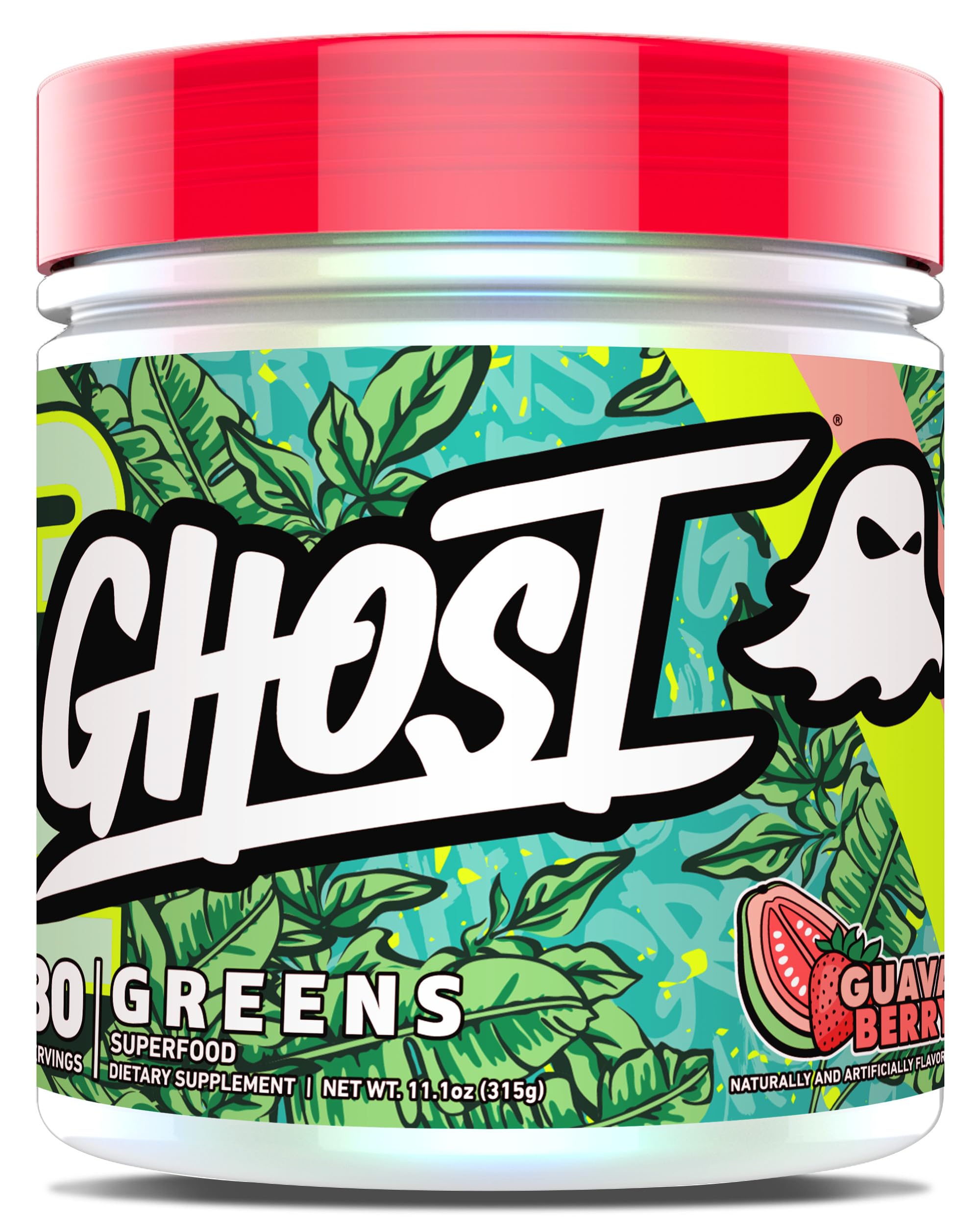 GHOST Greens Guayaba Mora en lata, ideal para añadir vegetales y frutas al día.
