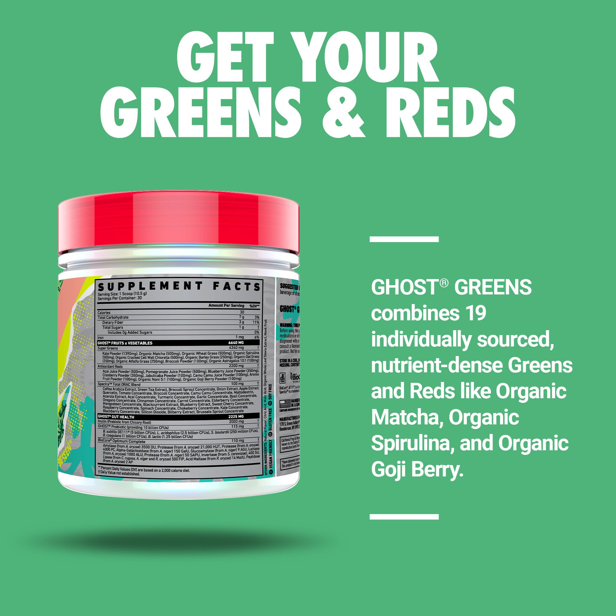 GHOST Greens ingredientes naturales, fuente de verdura y fruta.