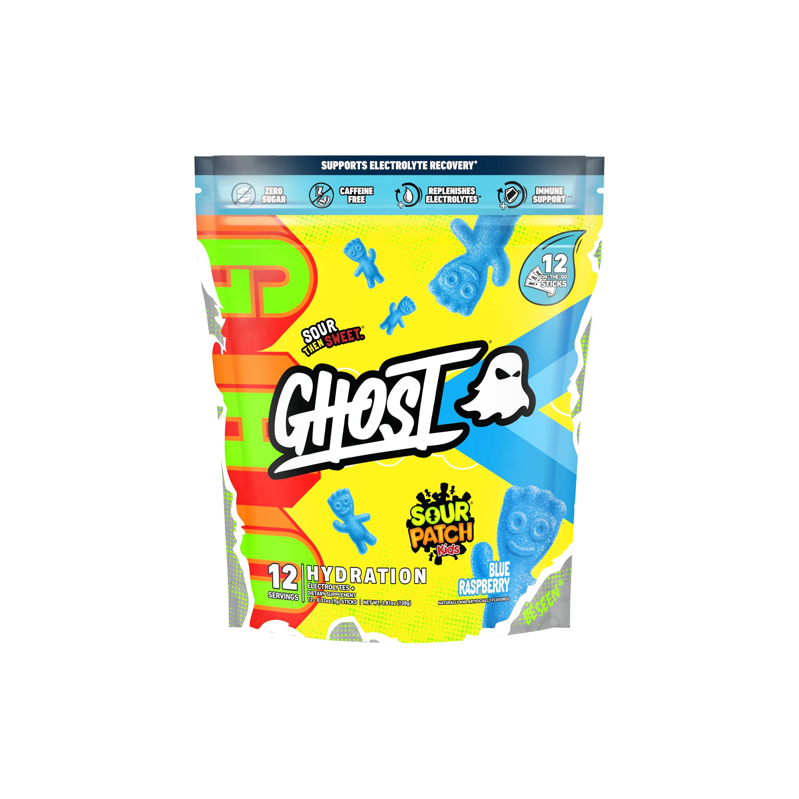 GHOST Hidratación: empaque Sour Patch Kids Frambuesa Azul, ideal para rehidratar tras el entrenamiento