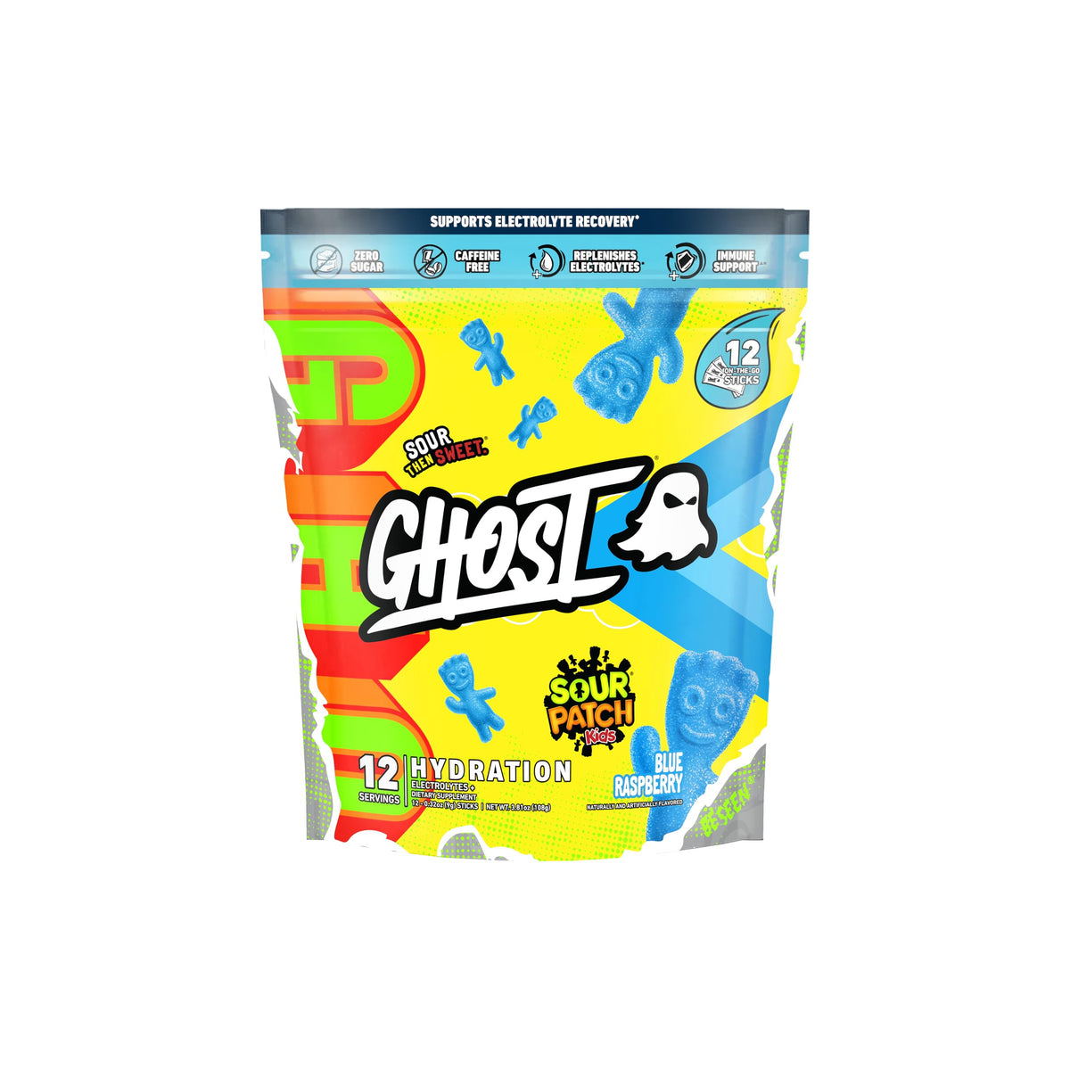 GHOST Hidratación: empaque Sour Patch Kids Frambuesa Azul, ideal para rehidratar tras el entrenamiento