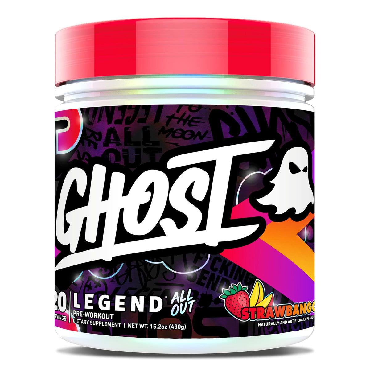 GHOST Legend All Out polvo Strawbango en envase para entrenamientos intensos.