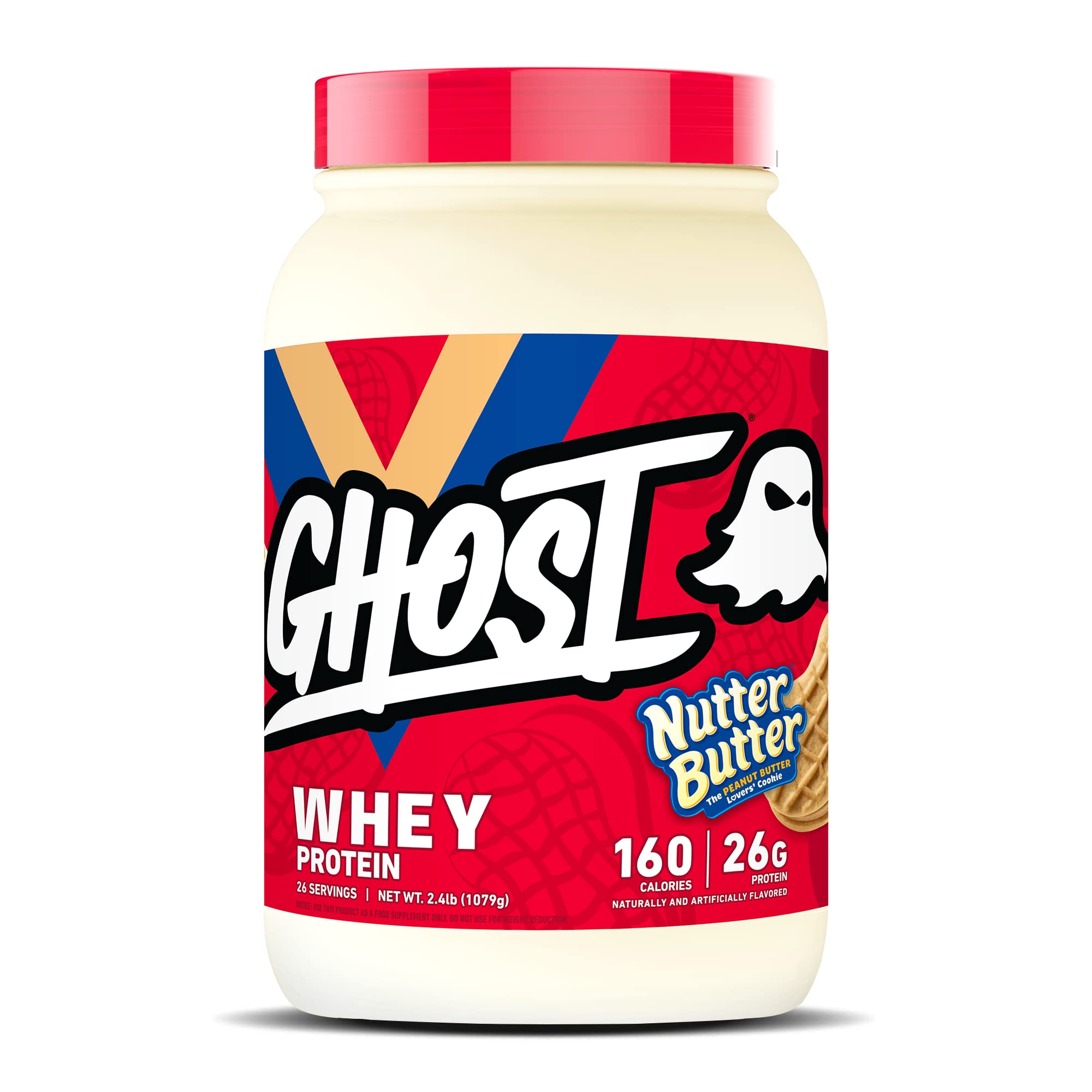 Tubo Ghost Proteina de Suero Nutter Butter con trozos de galleta reales para sabor auténtico.