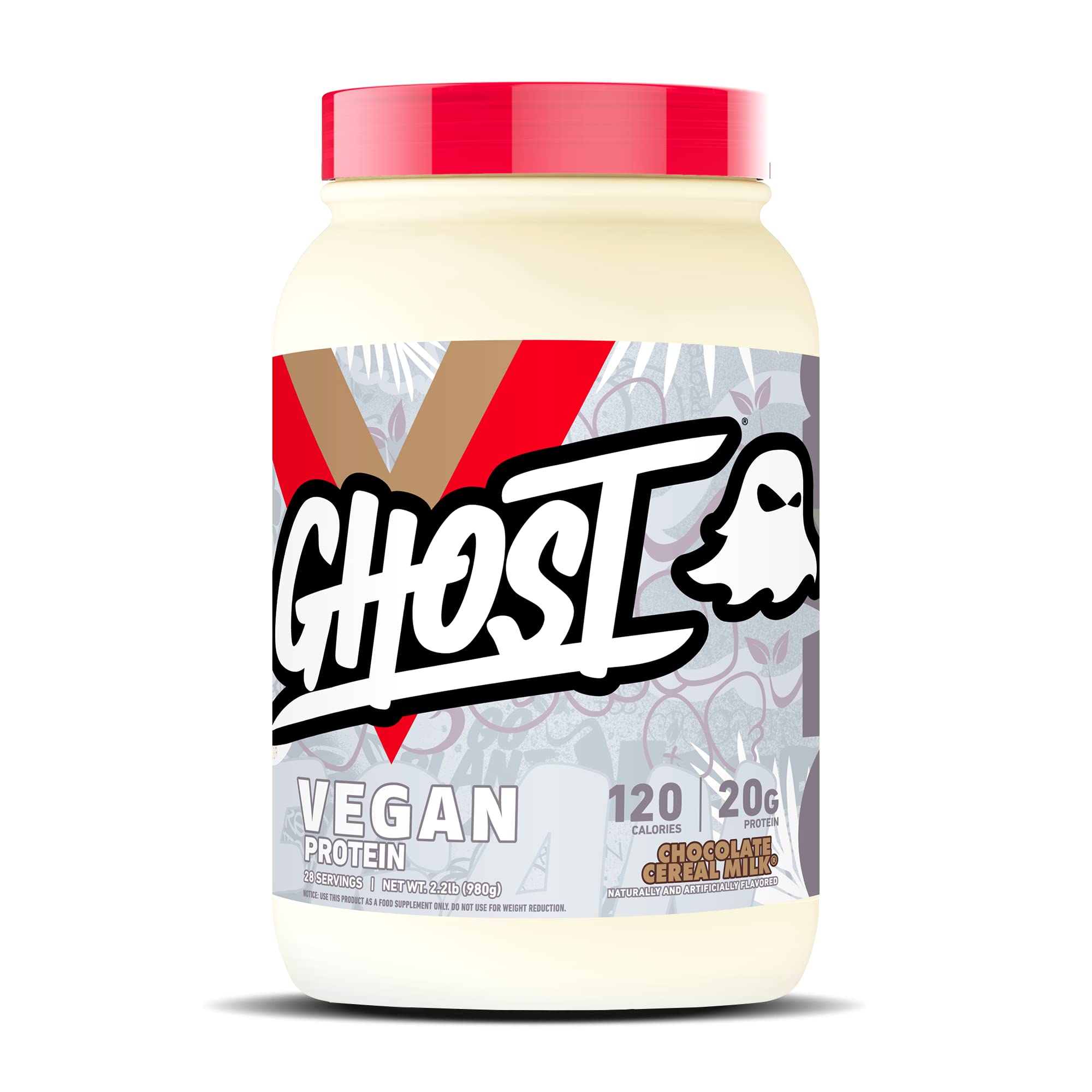 Proteína vegana GHOST con sabor chocolate-leche-cereal en empaque de 2 lb para batidos.