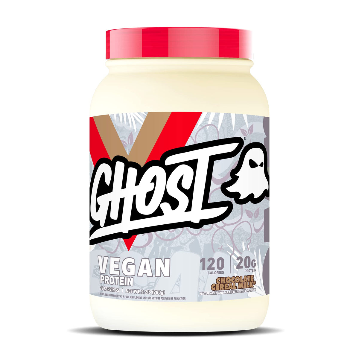 Proteína vegana GHOST con sabor chocolate-leche-cereal en empaque de 2 lb para batidos.