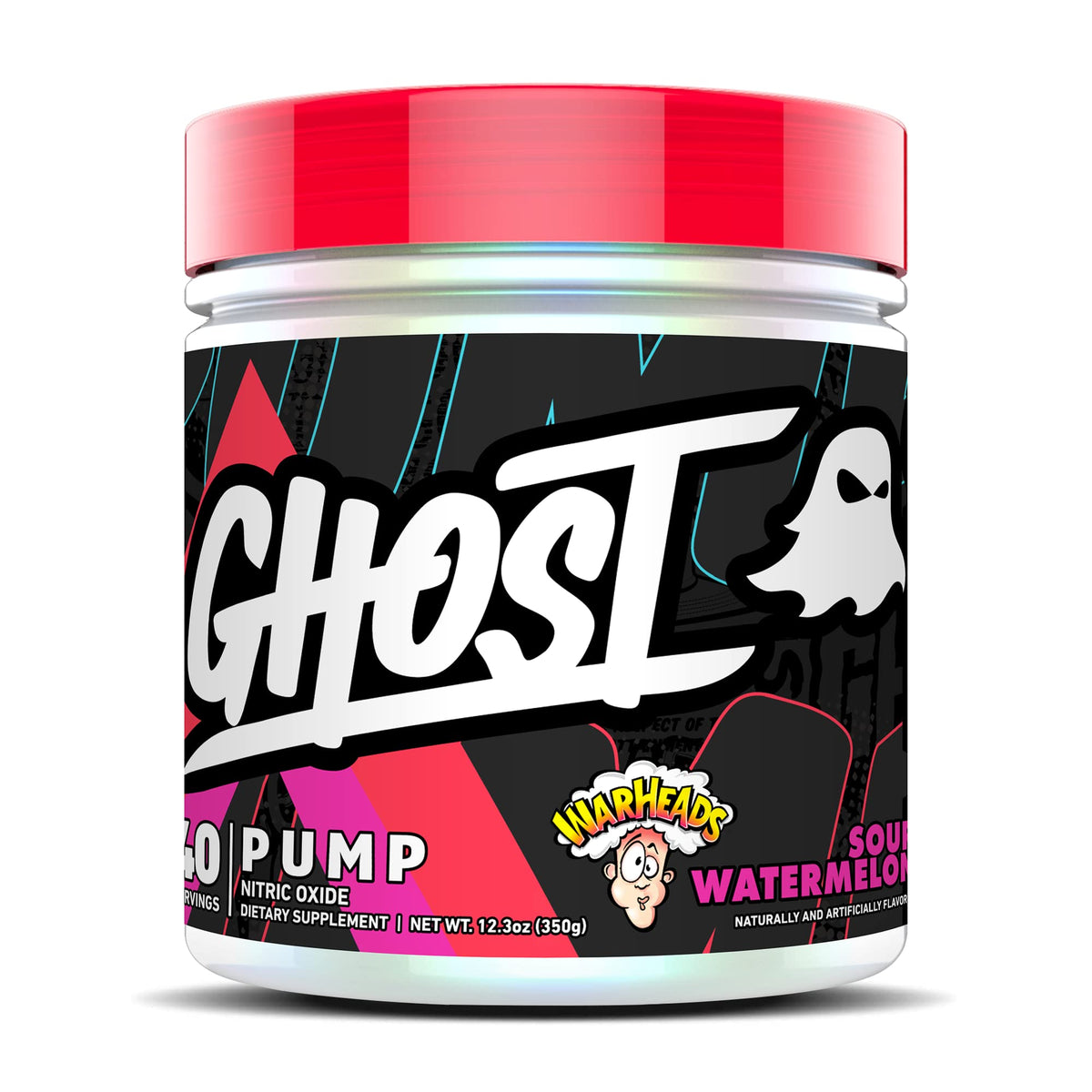 GHOST Pump frente de la lata revela etiqueta clara y sin estimulantes.