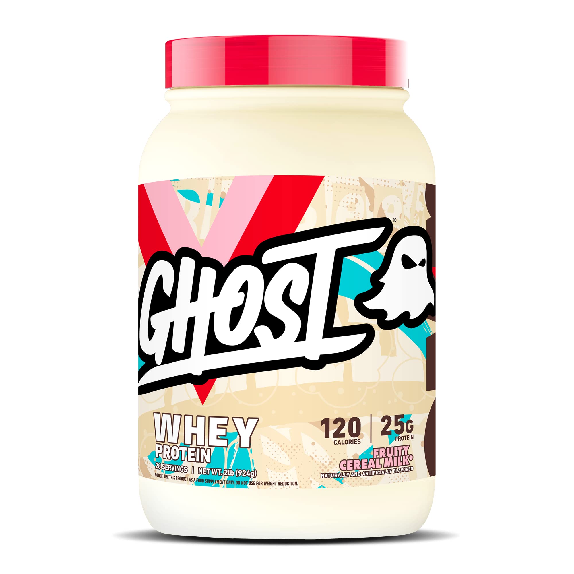 GHOST Whey Fruity Cereal Milk, frente del envase, proteína desglosada por porción