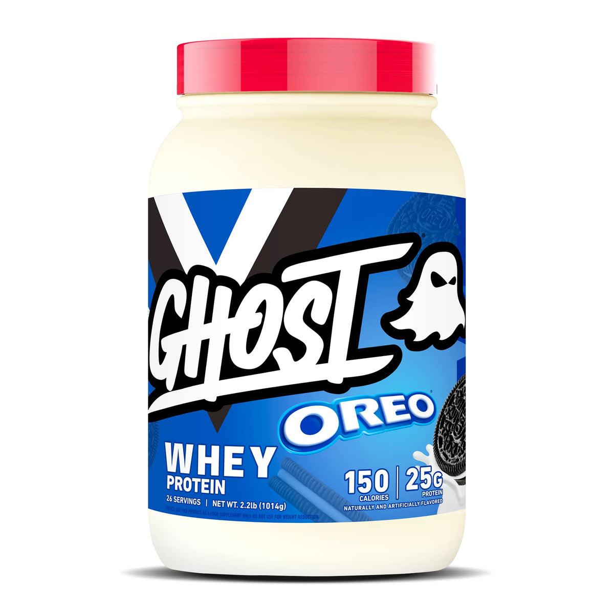 GHOST Whey Oreo, bote de 2 lb, proteína de alta calidad para recuperación posentrenamiento.