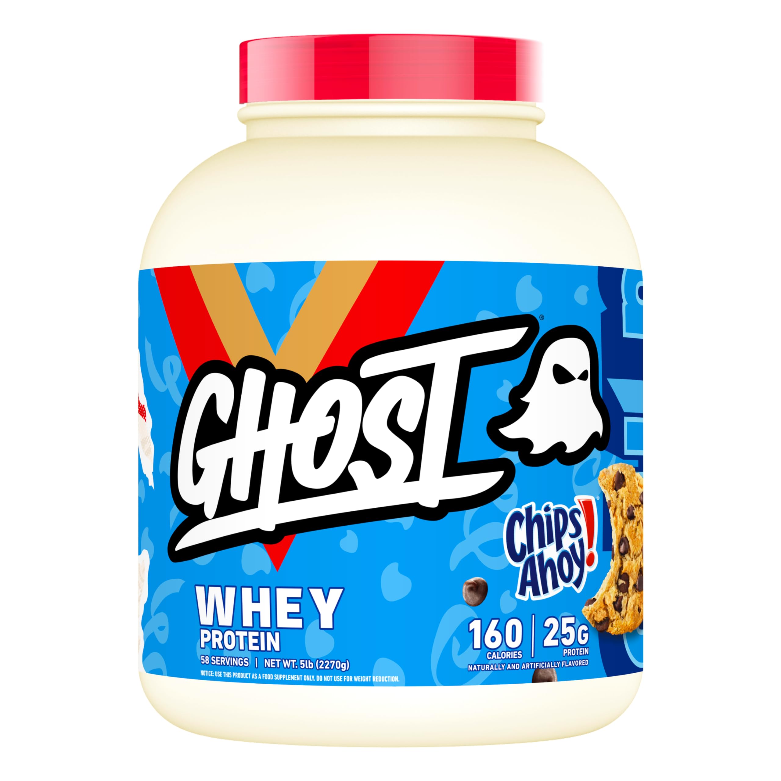 GHOST Whey con trozos Chips Ahoy visibles en envase de 5 lb