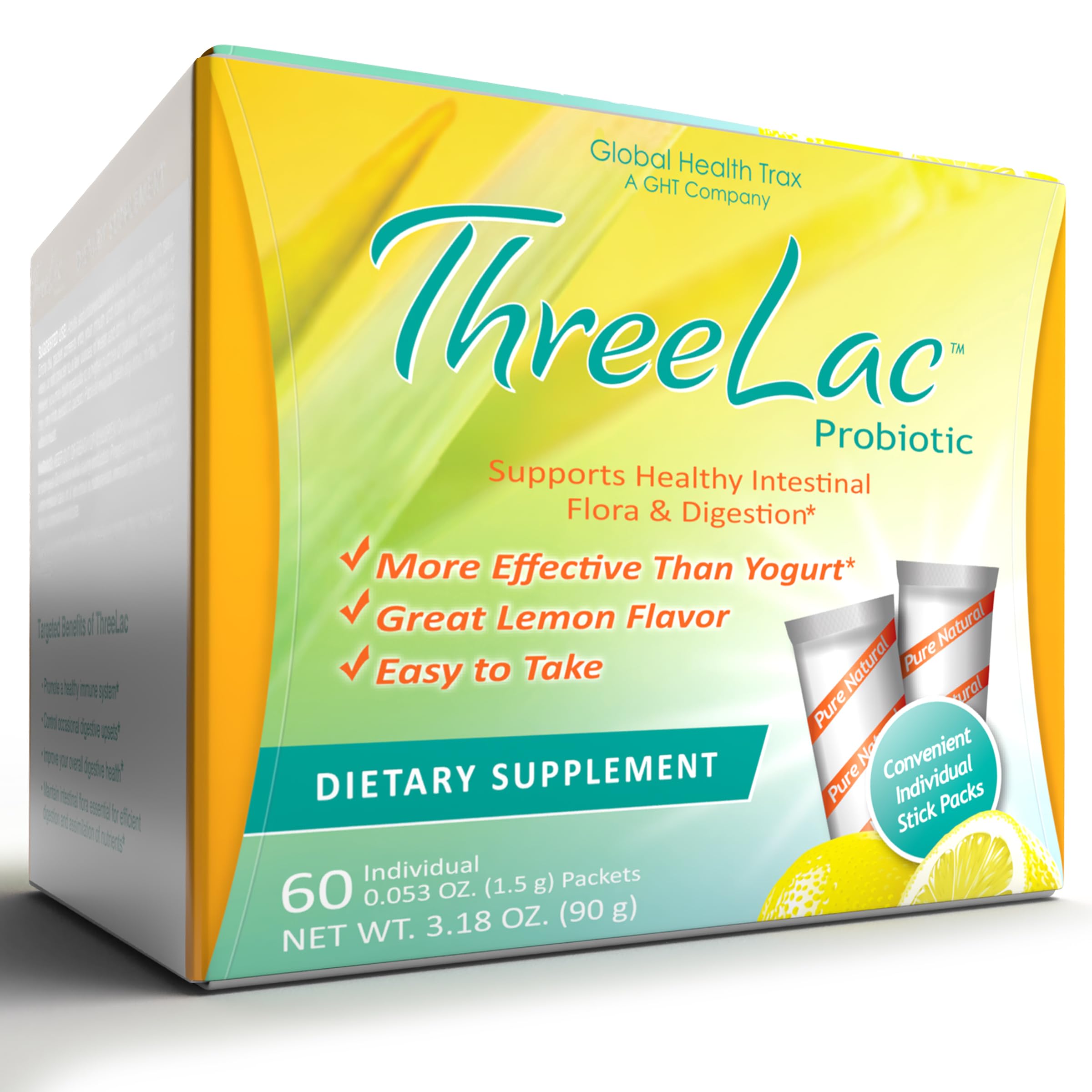 GHT ThreeLac limon empaque muestra una formula probiotica para la salud digestiva