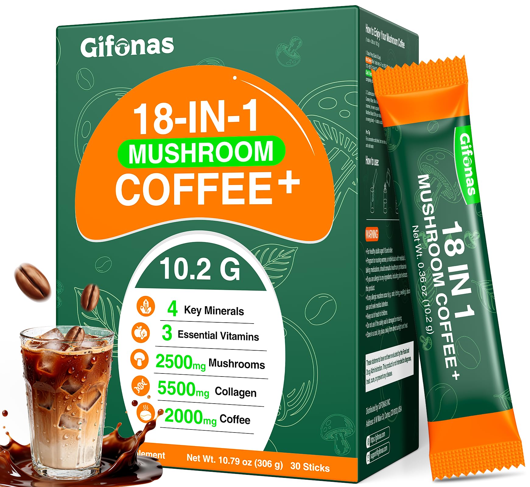 Gifonas Café de Hongos con Colágeno en taza para piel radiante.
