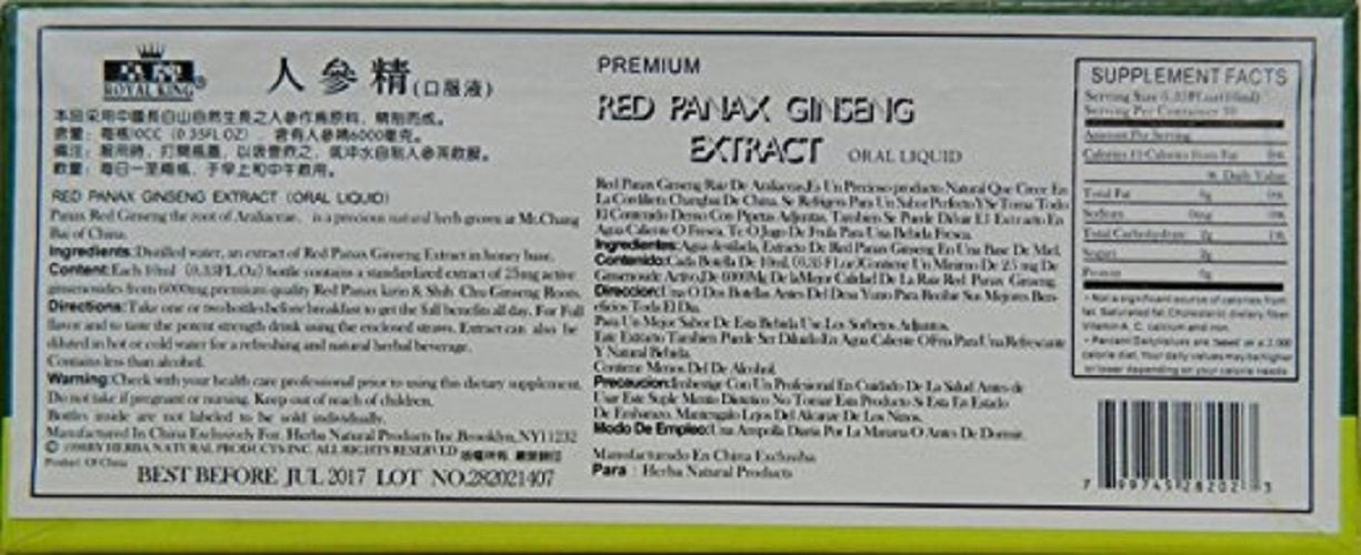 Royal King Red Panax Ginseng Extract, empaque de 4x30 botellas, opción conveniente para el consumo diario.