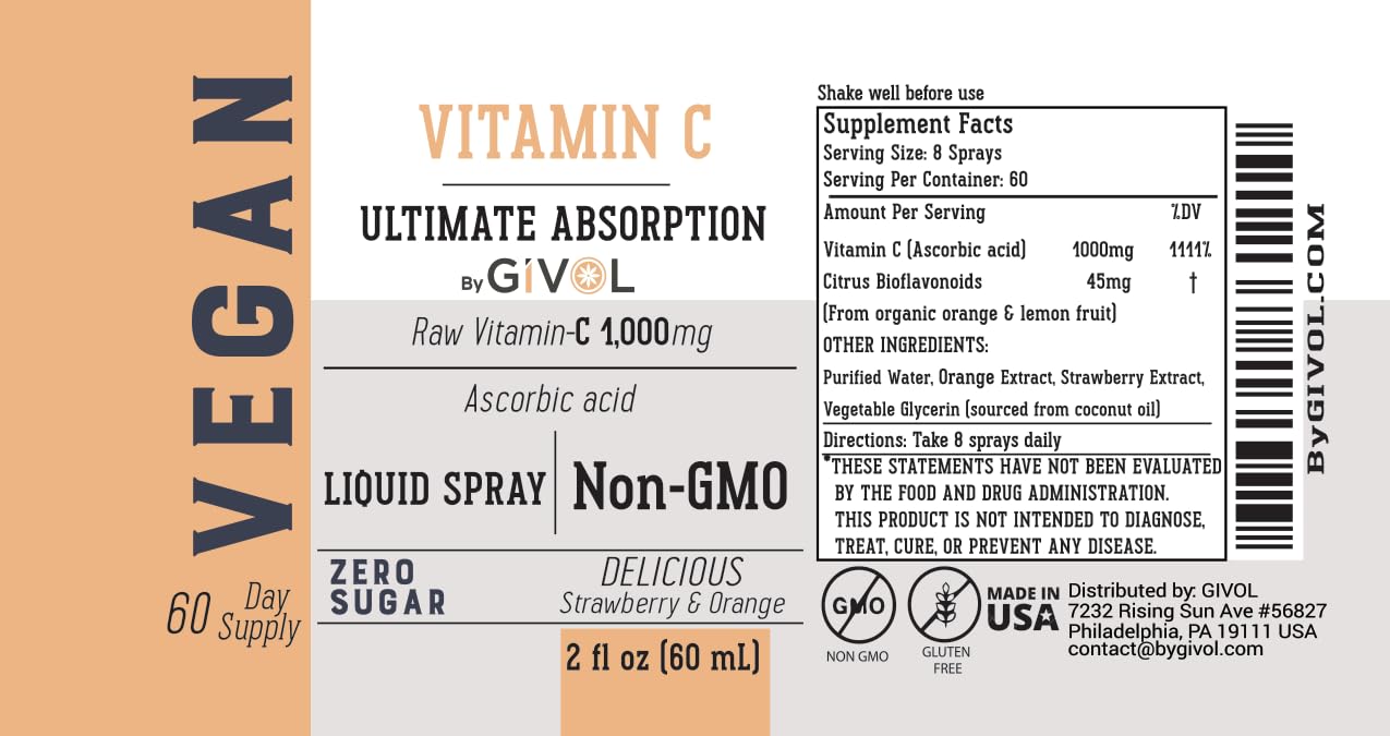 GIVOL Vitamina C Spray ingredientes vegetales, fórmula limpia y vegana.