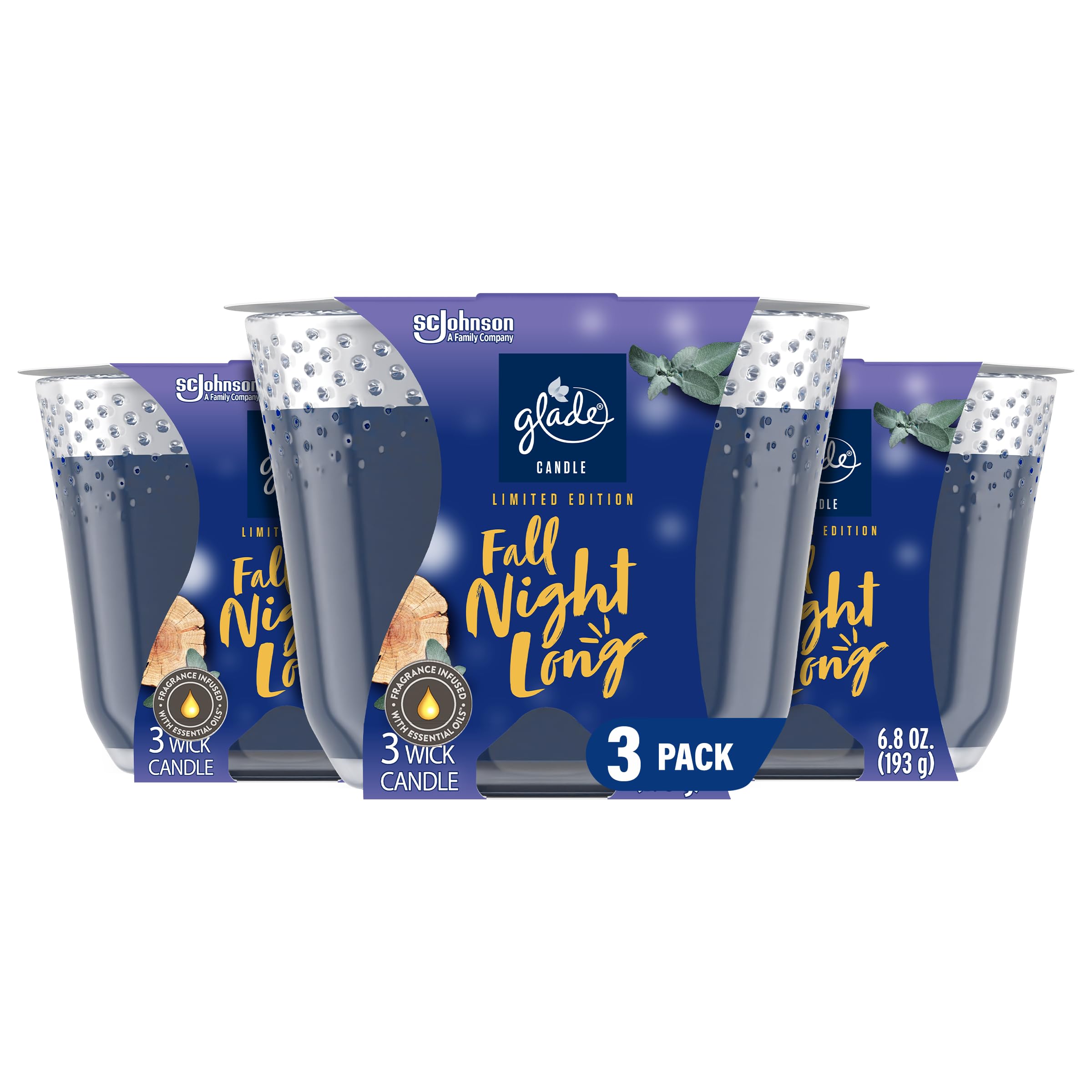 Vela Glade tres mechas en frasco de vidrio para otoño.