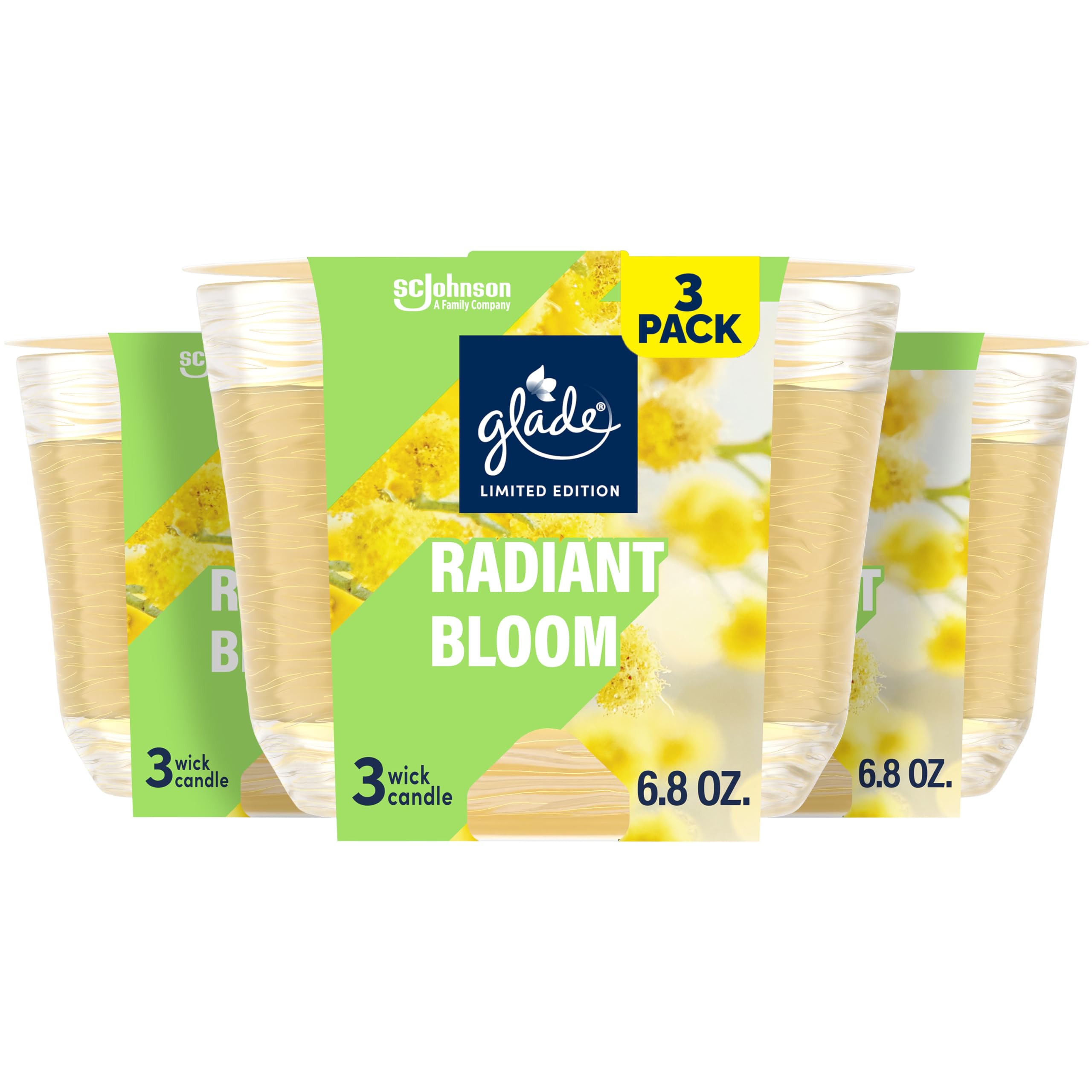 Vela Glade Radiant Bloom en frasco de vidrio, ideal para ambientar la sala con aroma floral.
