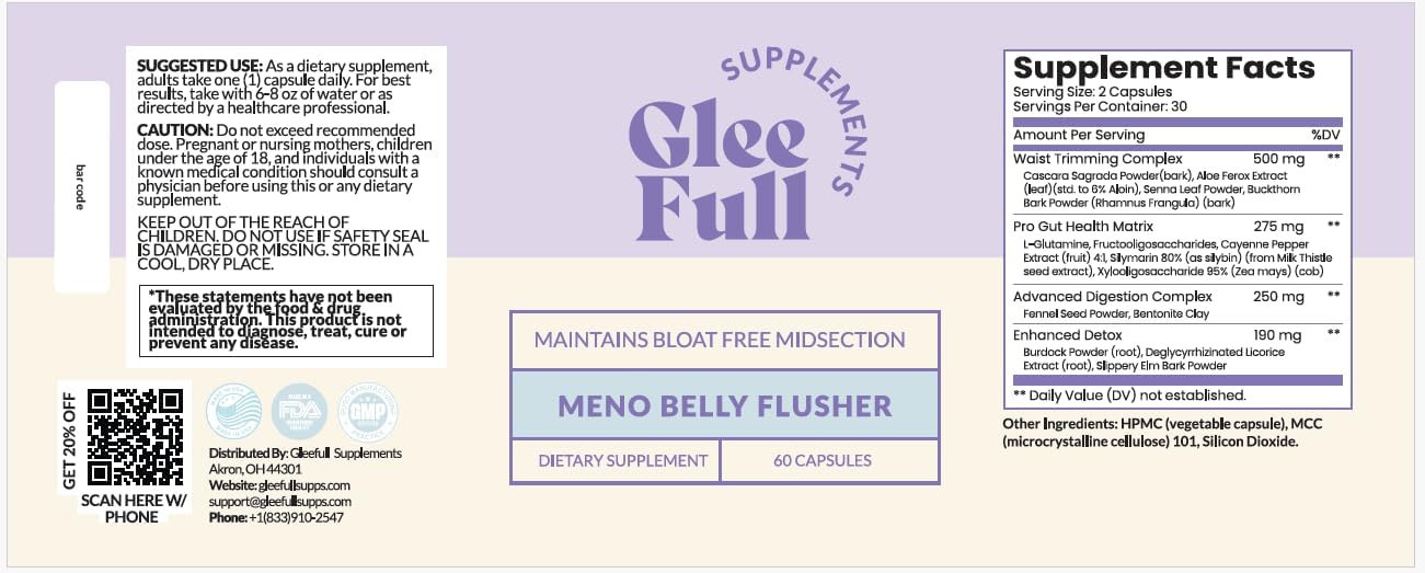 GLEEFULL SUPPS Meno Belly Flusher, fórmula vegetal para bienestar diario.