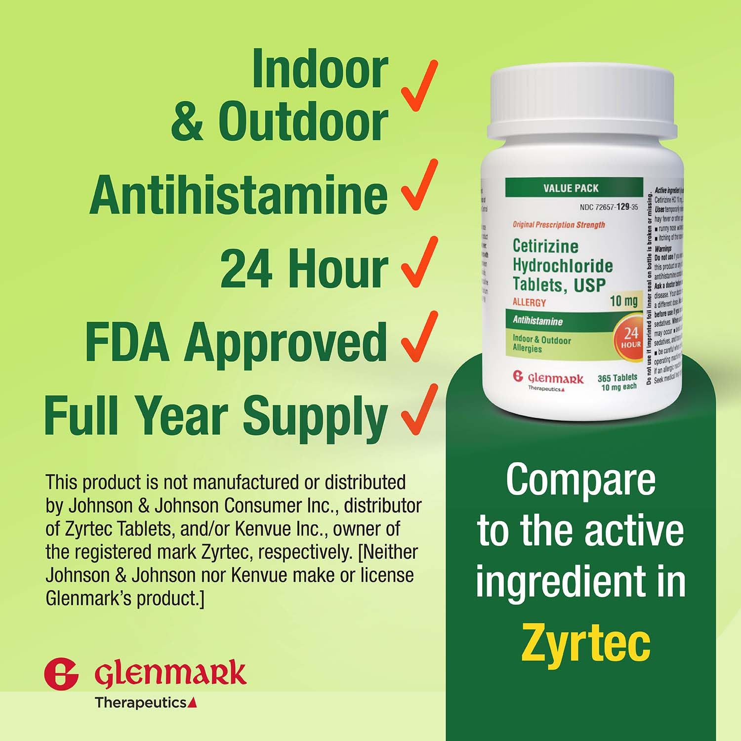 Glenmark Therapeutics cetirizina 10 mg: caja-empaque exterior, fácil para consultas rápidas.