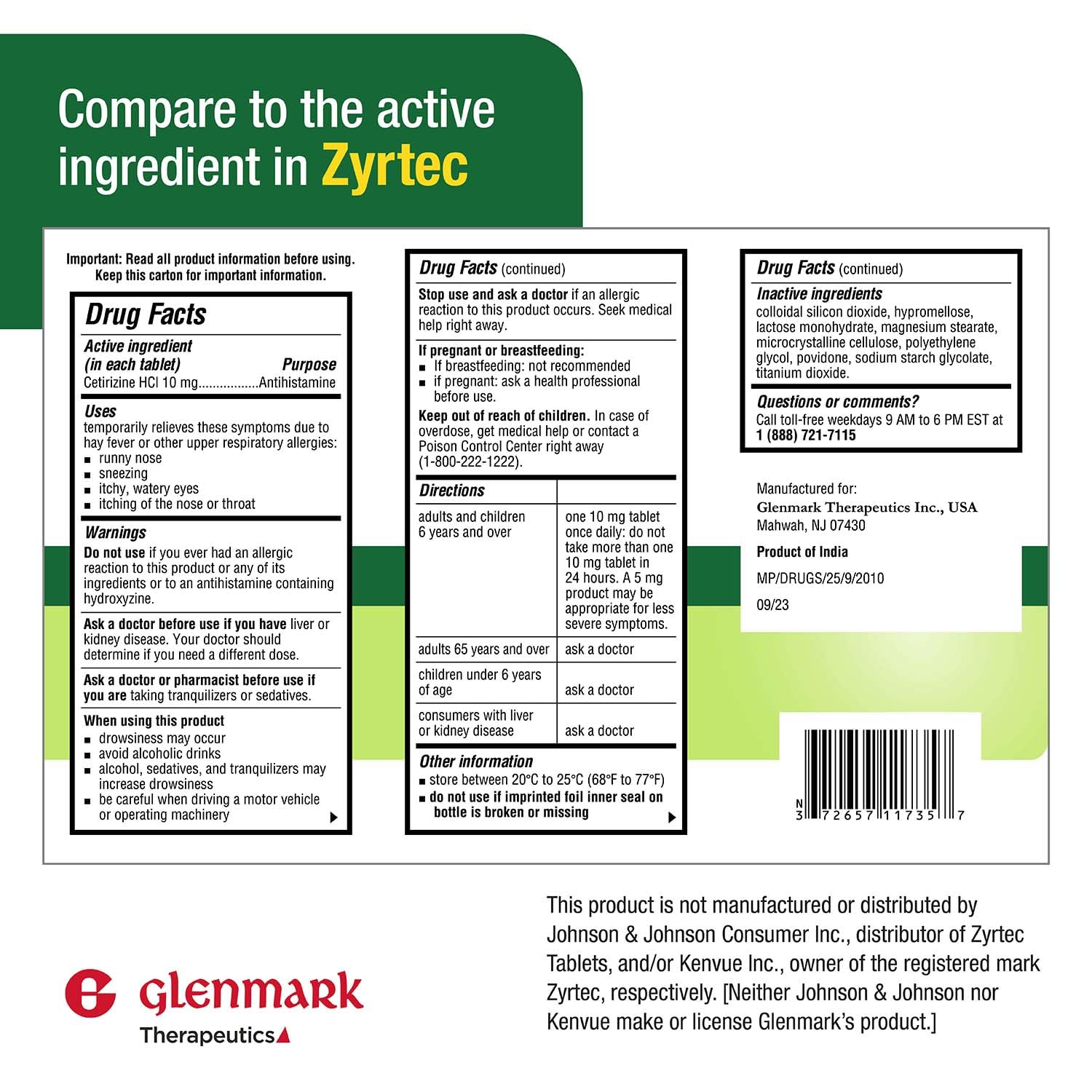 Glenmark Therapeutics cetirizina 10 mg: tabletas dorso, información clara de la dosis.