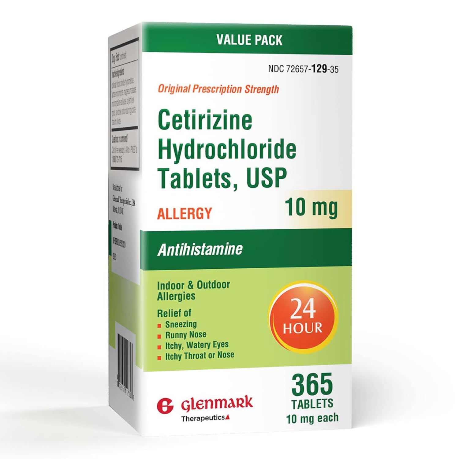 Glenmark Therapeutics cetirizina 10 mg: tabletas frente, dosis visibles para uso diario.