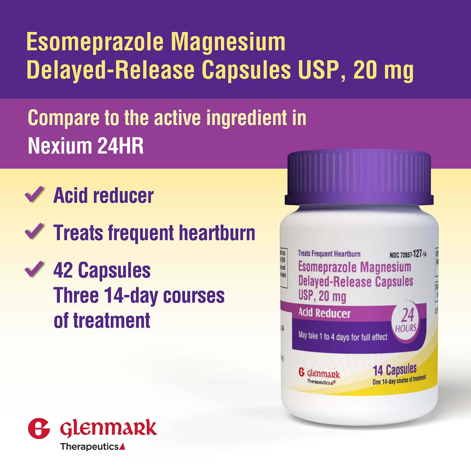 Glenmark Therapeutics Esomeprazol, botella de cápsulas para almacenamiento y uso