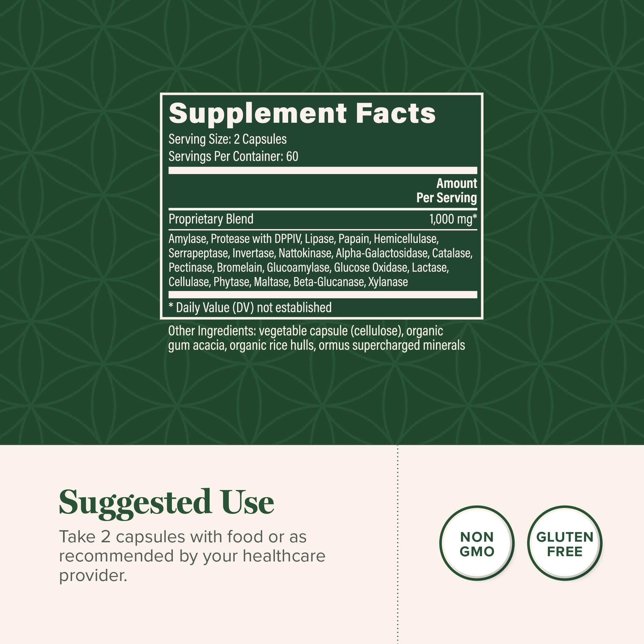 Global Healing cápsulas de enzimas ayudan a descomponer proteínas y carbohidratos para una digestión suave.