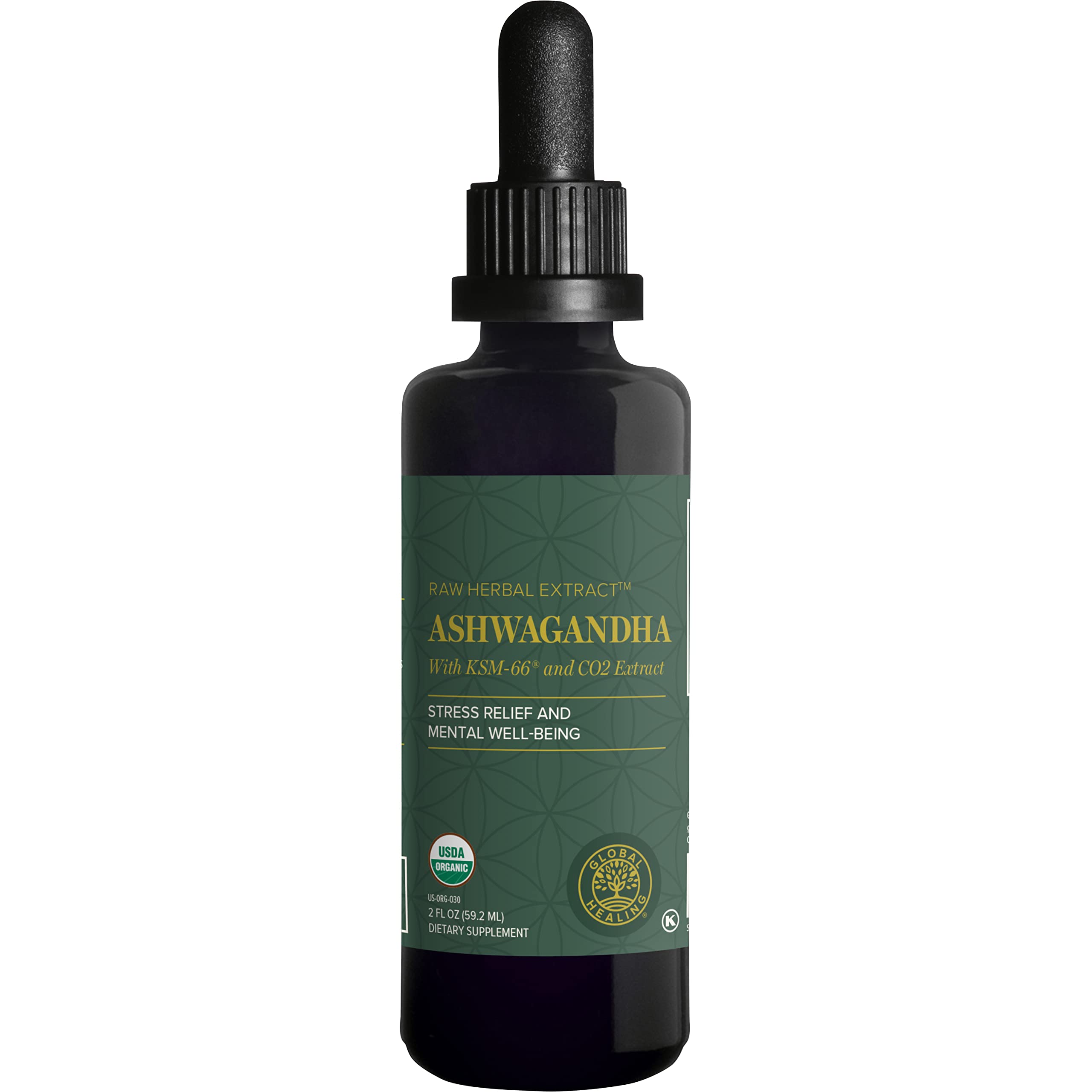 Global Healing Center: gotas de ashwagandha en botella cerrada para calma natural.