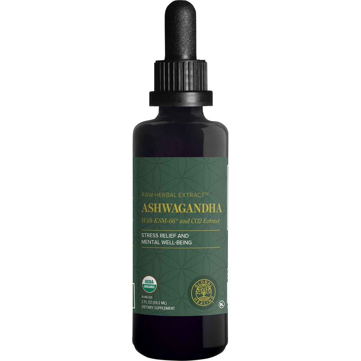 Global Healing Center: gotas de ashwagandha en botella cerrada para calma natural.
