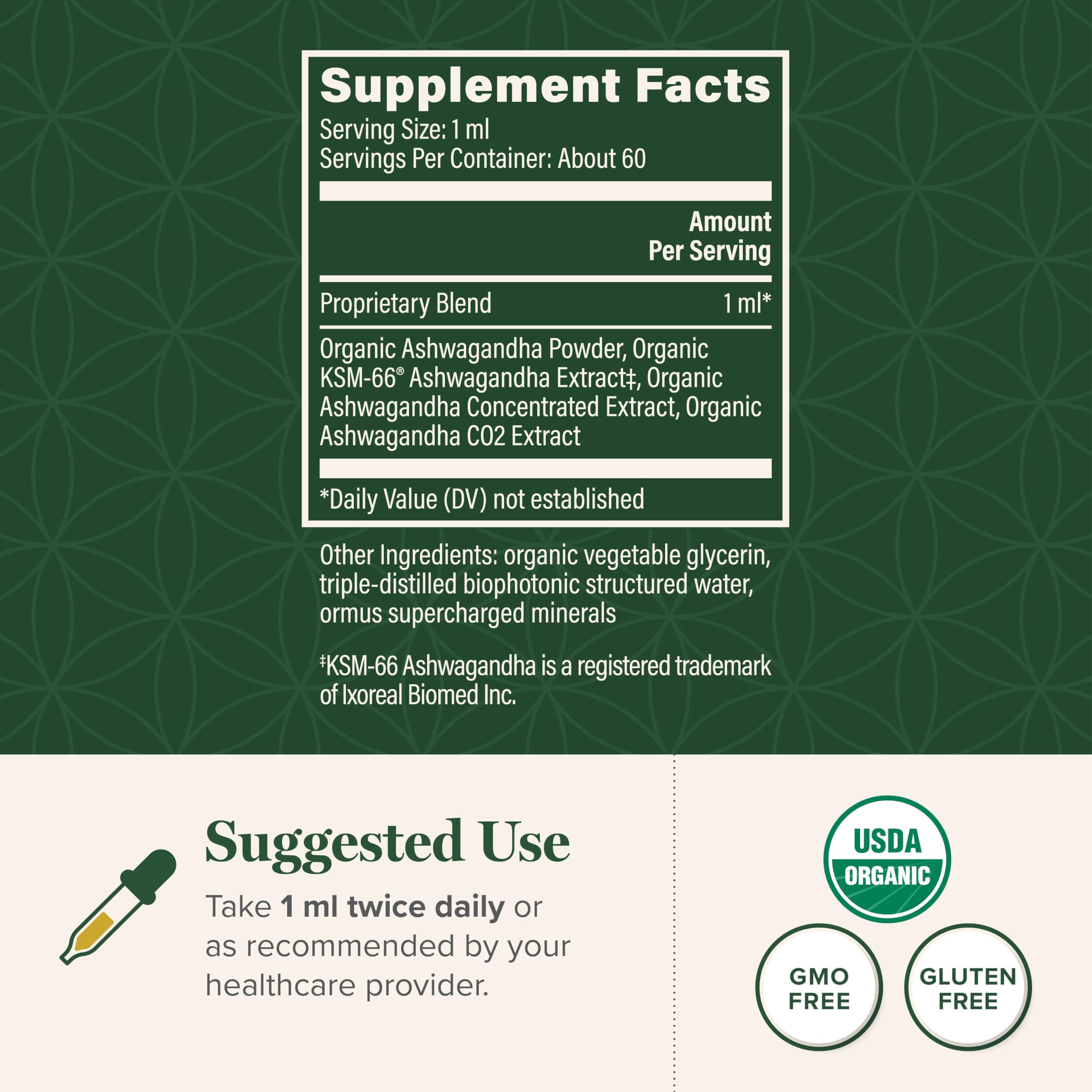 Global Healing Center: etiqueta de ingredientes muestra Ashwagandha y enfoque orgánico.