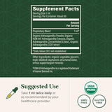Global Healing Center: etiqueta de ingredientes muestra Ashwagandha y enfoque orgánico.