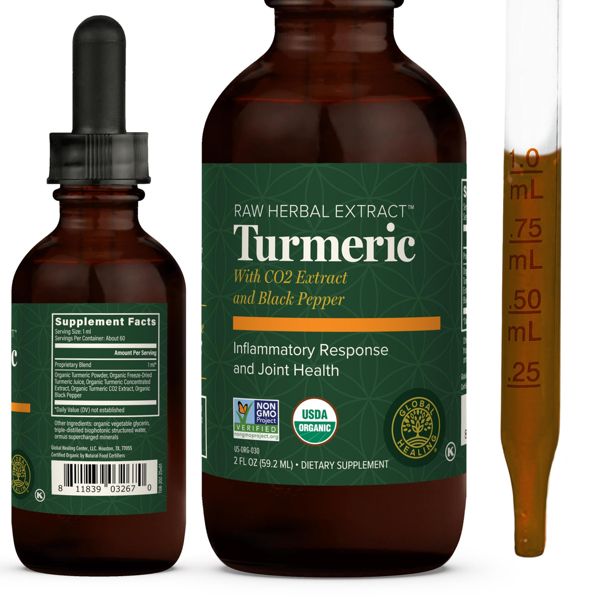 Global Healing Center curcuma gotas botella visible para movilidad articular