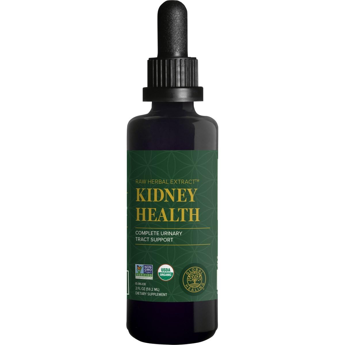 Global Healing Center Kidney Health botella de suplemento líquido, apoya la función renal y detox suave