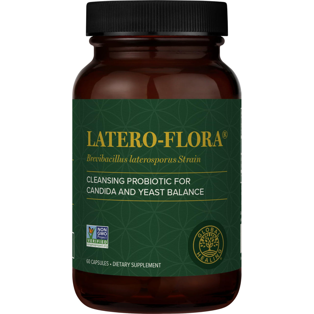 Botella de Latero-Flora de Global Healing Center para apoyar la salud intestinal.