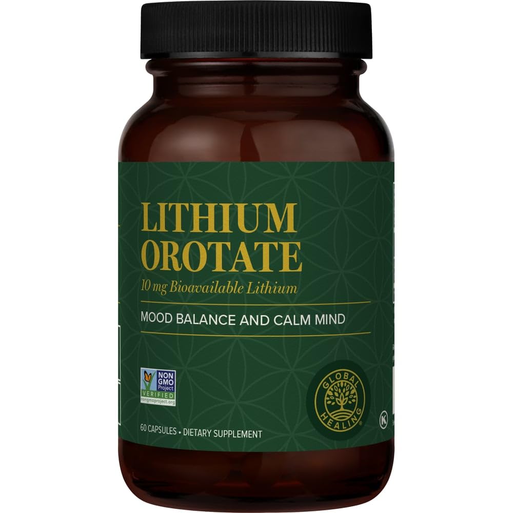 Global Healing Center Lithium Orotate 10 mg, botella con cápsulas para apoyo diario del estado de ánimo.