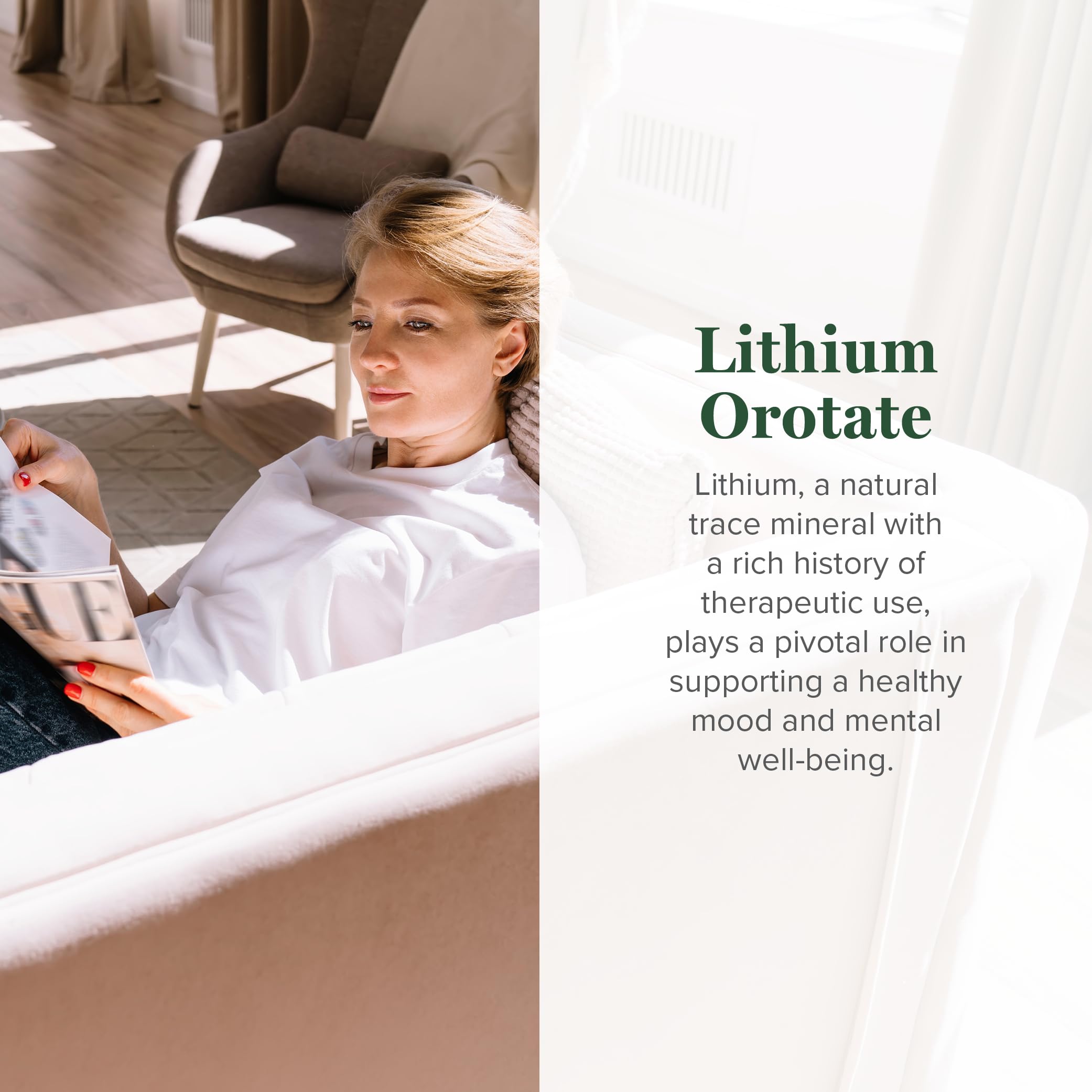 Global Healing Center Lithium Orotate 10 mg, cápsulas para claridad mental y enfoque diario.