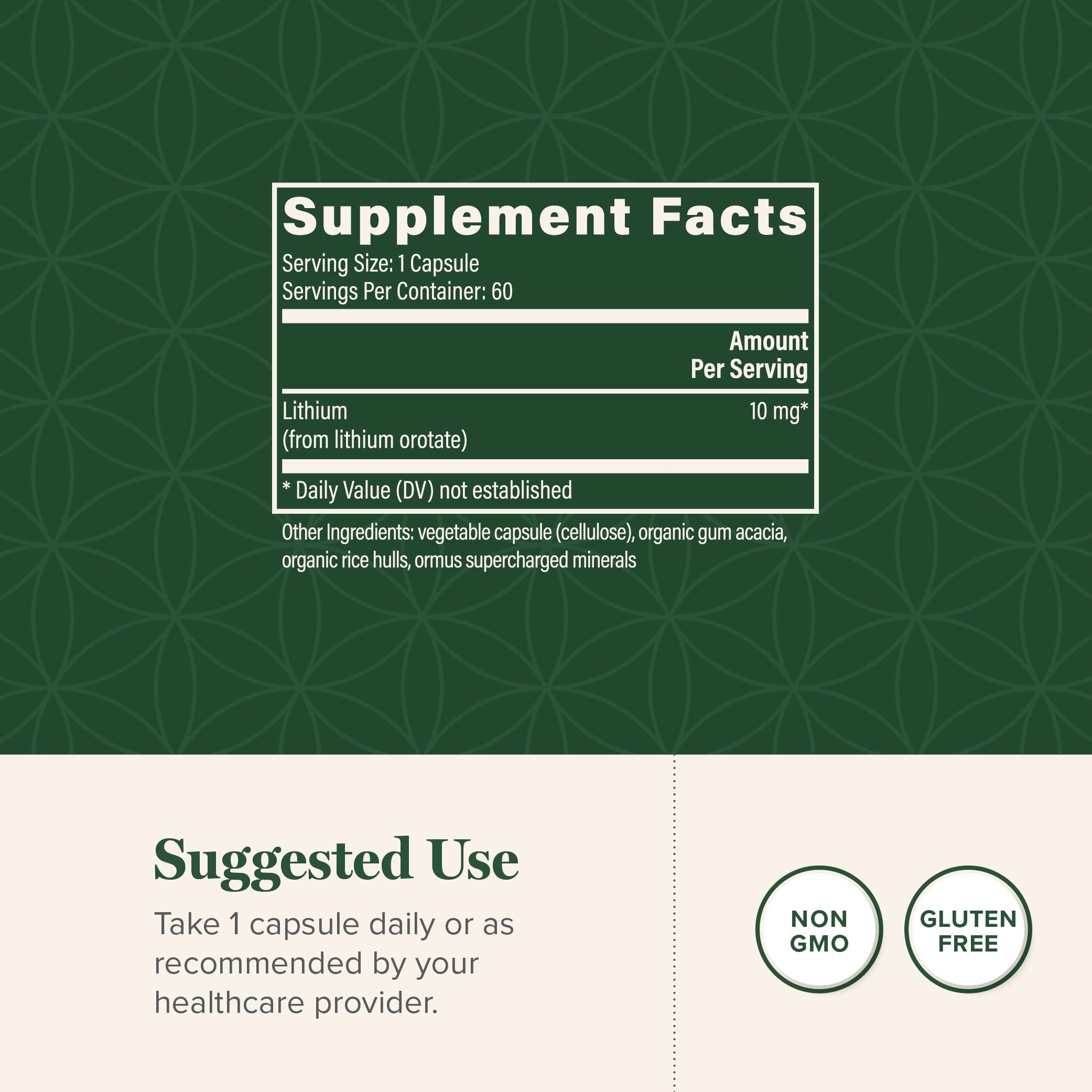 Global Healing Center Lithium Orotate 10 mg, etiqueta informativa de ingredientes y dosis.