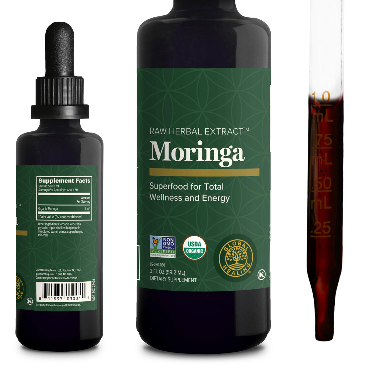 Global Healing Center Moringa: extracto líquido en gotas para absorción rápida.