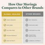 Global Healing Center Moringa: hojas verdes que evocan sabor natural.