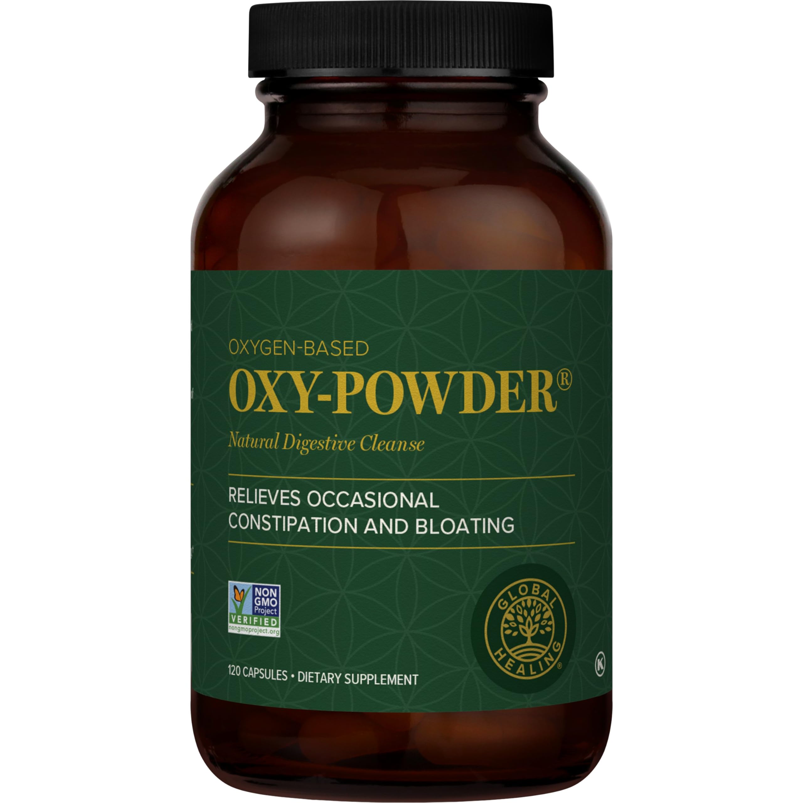 Global Healing Center Oxy-Powder, bote derramando, limpieza suave para el colon.