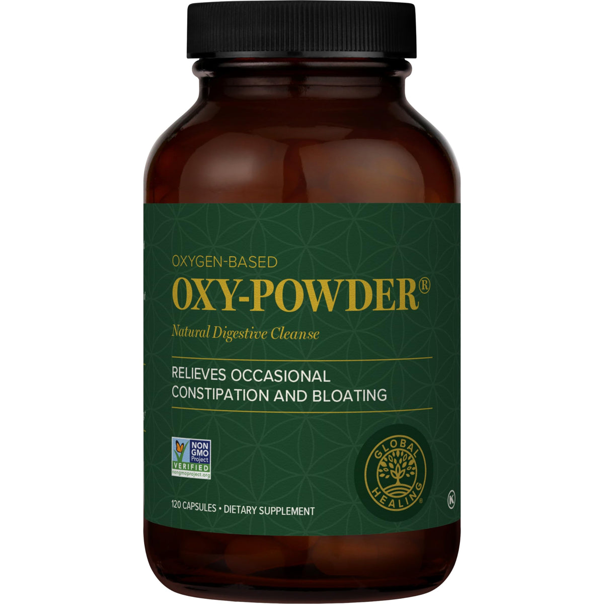 Global Healing Center Oxy-Powder, bote derramando, limpieza suave para el colon.
