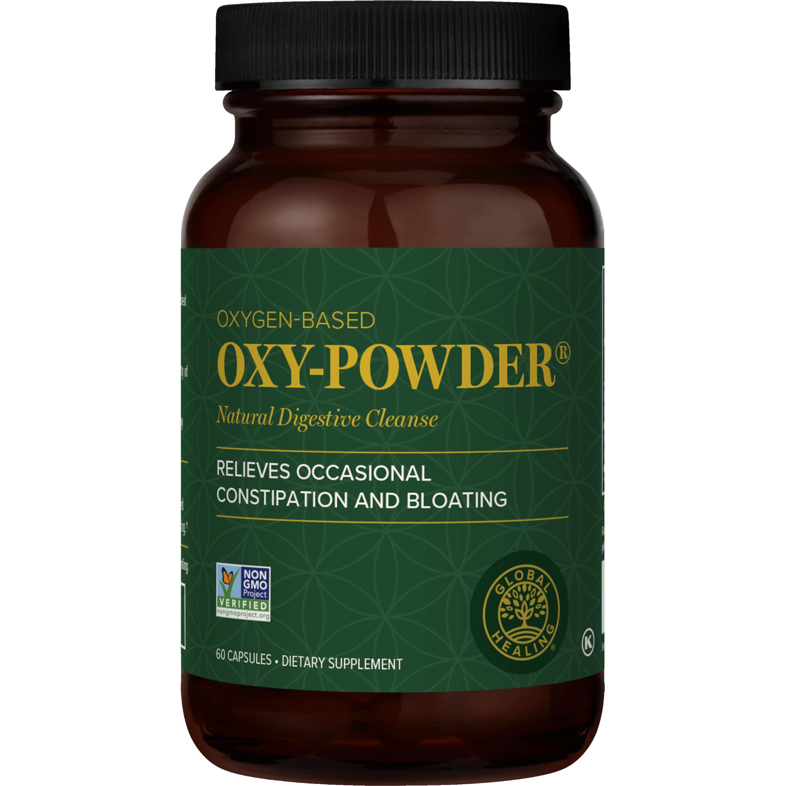 Global Healing Center Oxy-Powder, bote de tabletas, apoyo a la limpieza intestinal suave.