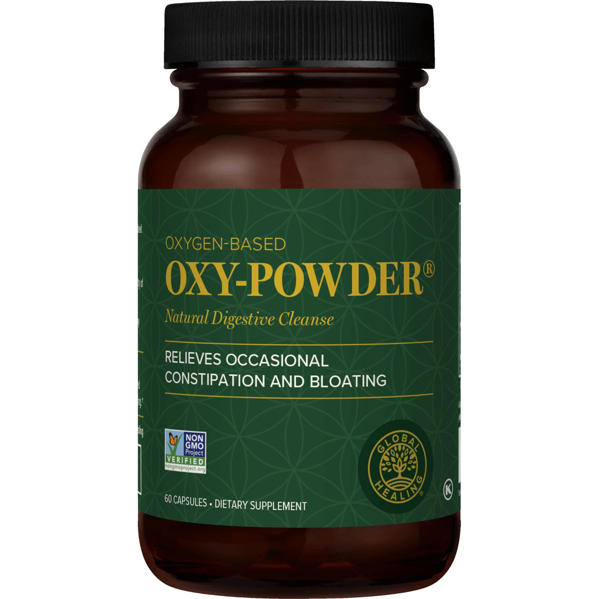 Global Healing Center Oxy-Powder, bote de tabletas, apoyo a la limpieza intestinal suave.