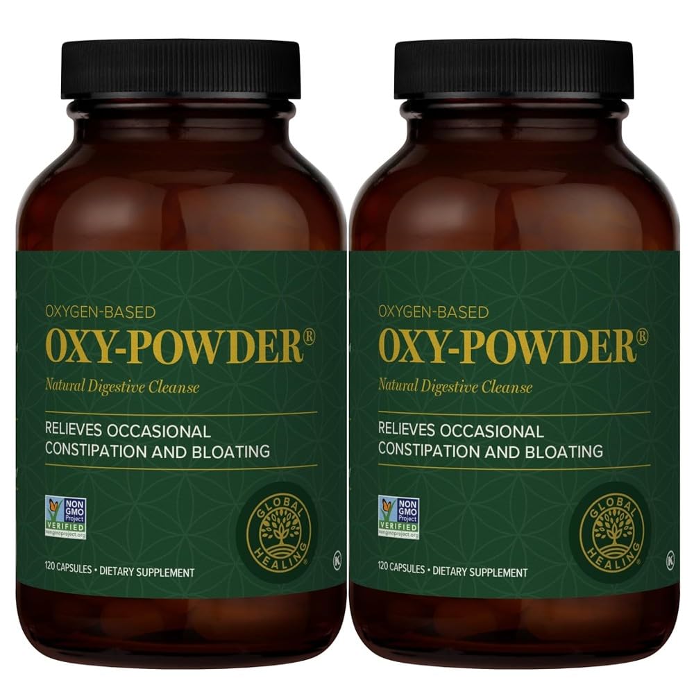 Global Healing Center Oxy-Powder, botella de cápsulas 120ct, para limpieza suave del intestino