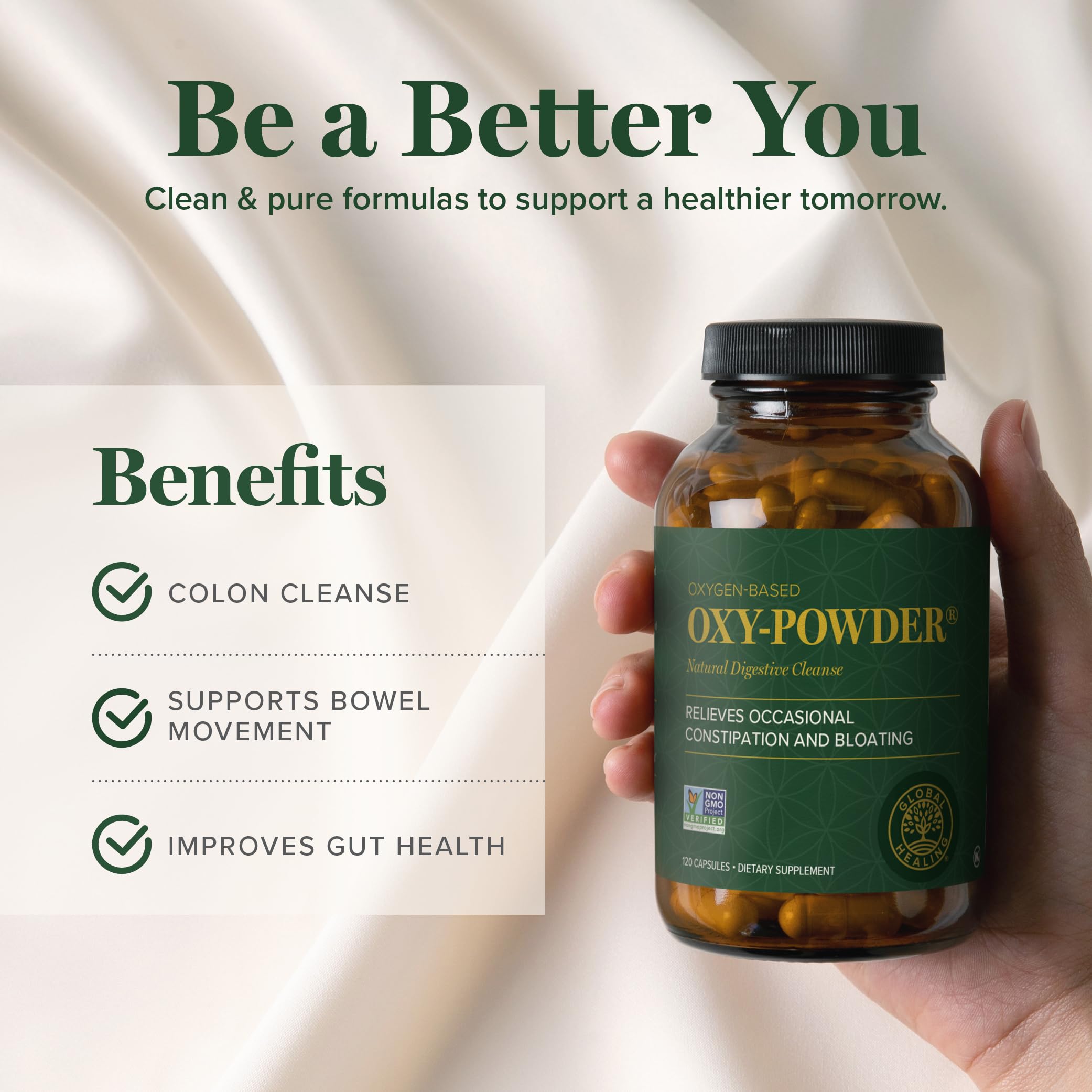 Global Healing Center Oxy-Powder, vista frontal del envase y branding.
