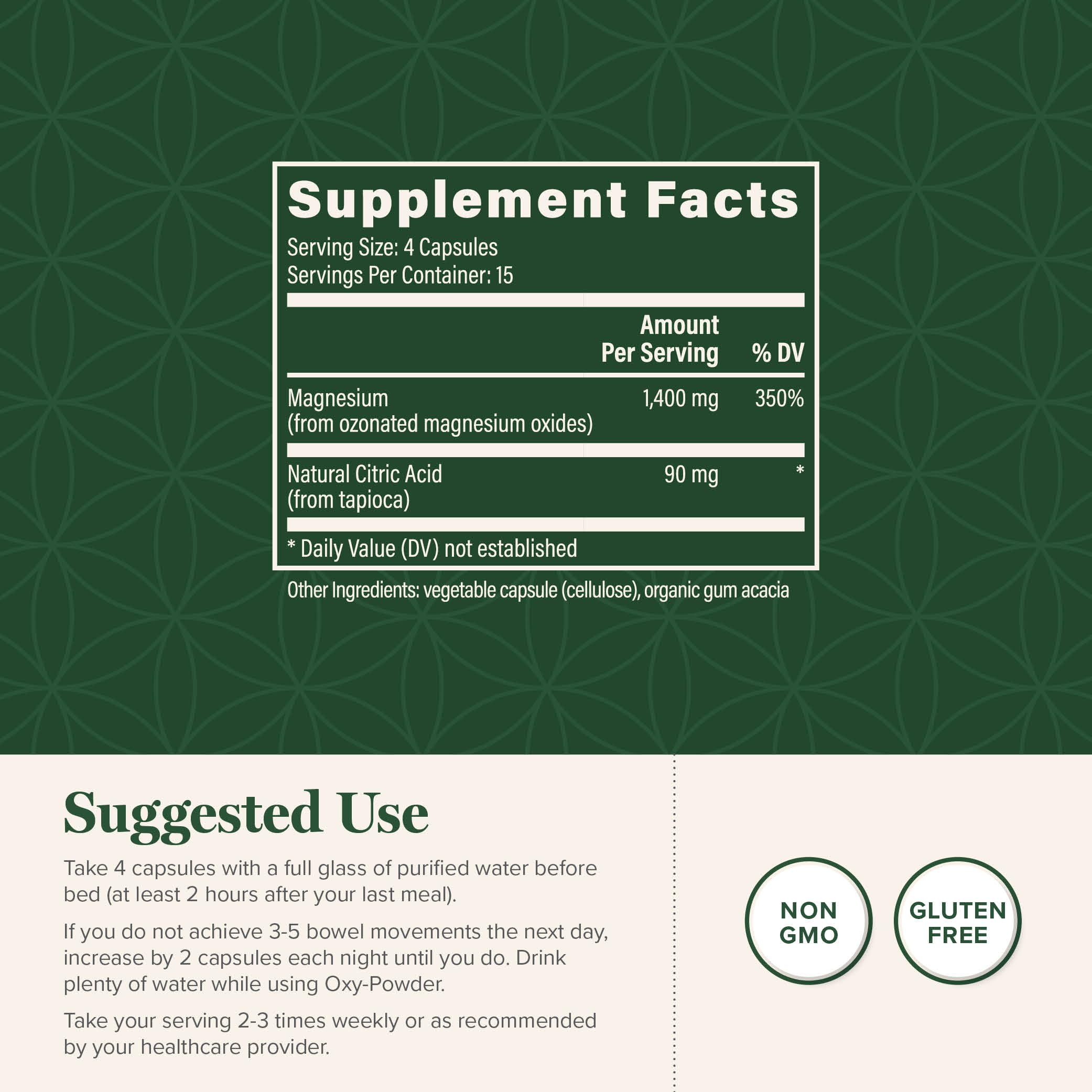 Global Healing Center Oxy-Powder, ingredientes clave, oxígeno y ácido cítrico para limpieza suave.