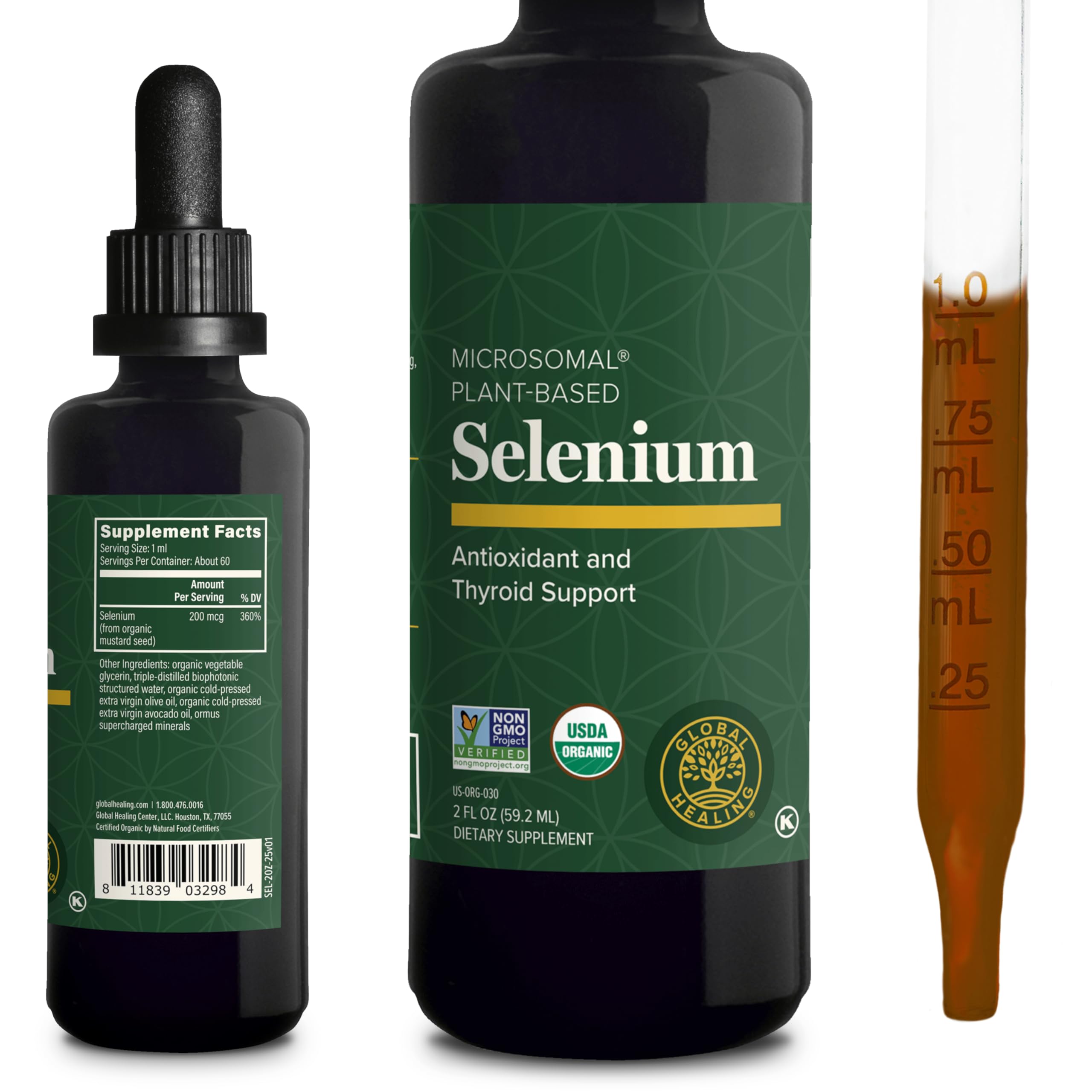 Global Healing Center Selenium Drops, botella con cuentagotas para dosis diaria