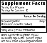 Global Healing Center Supercharged C60, etiqueta detallada con ingredientes y usos posibles