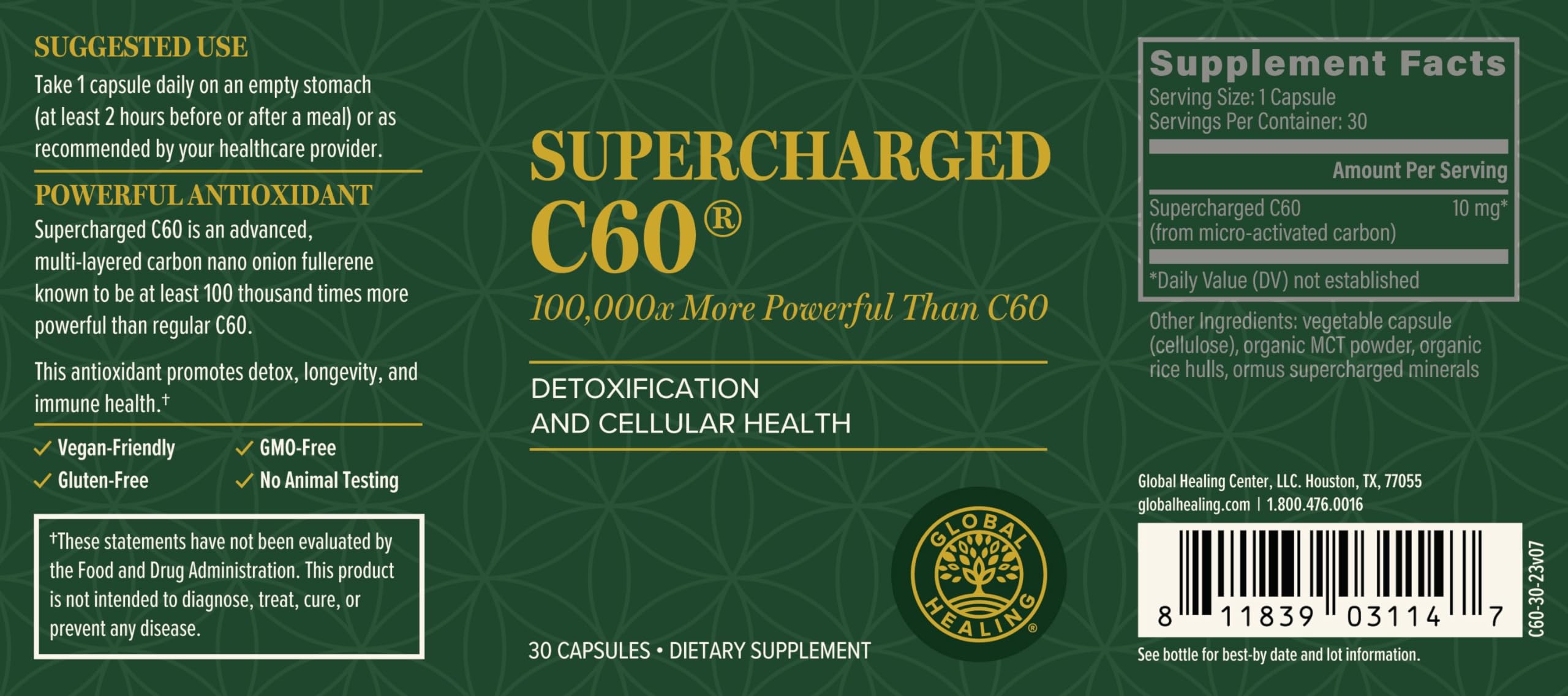 Global Healing Center Supercharged C60, polvo MCT para detoxificación intestinal potencial