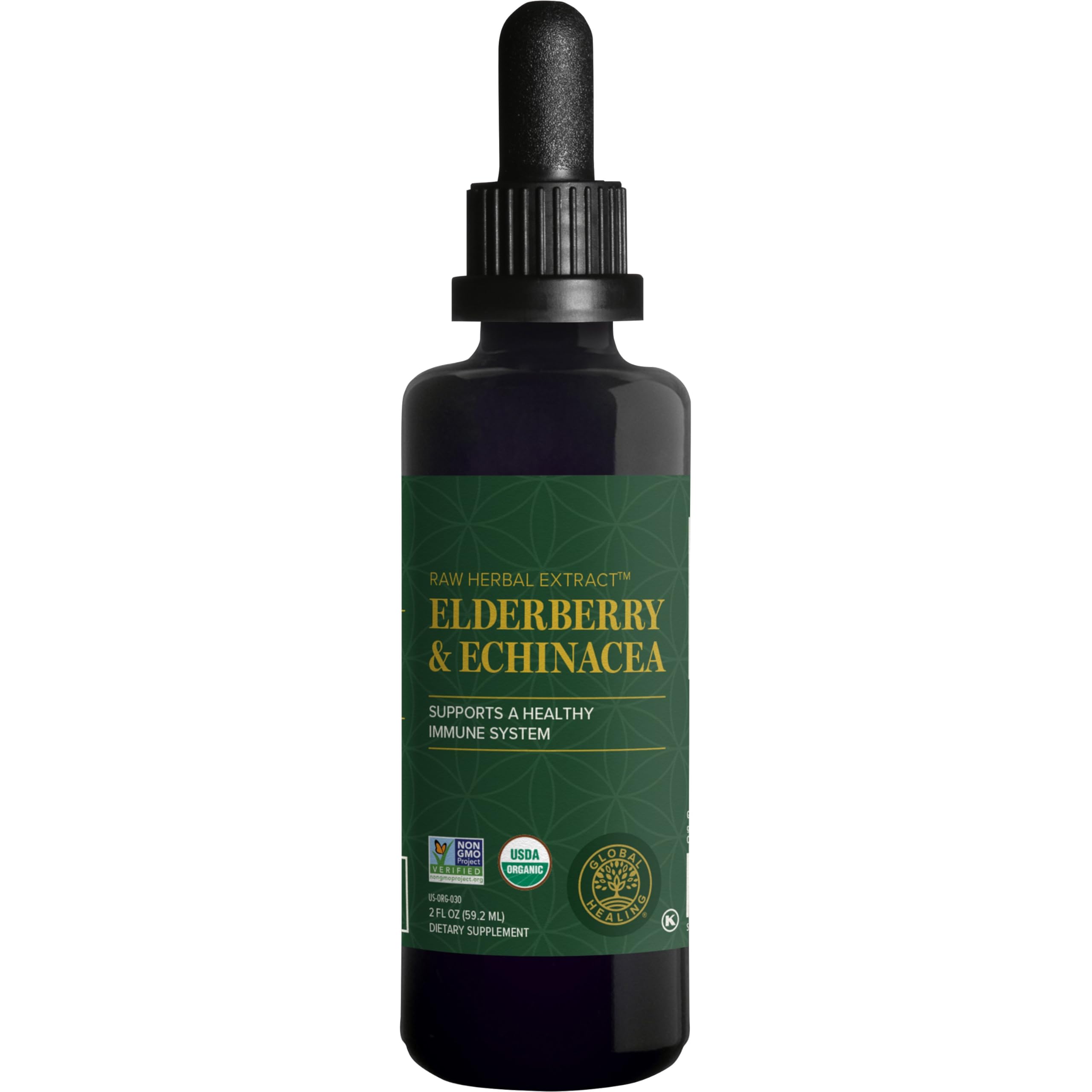 Global Healing Center tintura de sauco y echinácea en botella para refuerzo inmunológico.