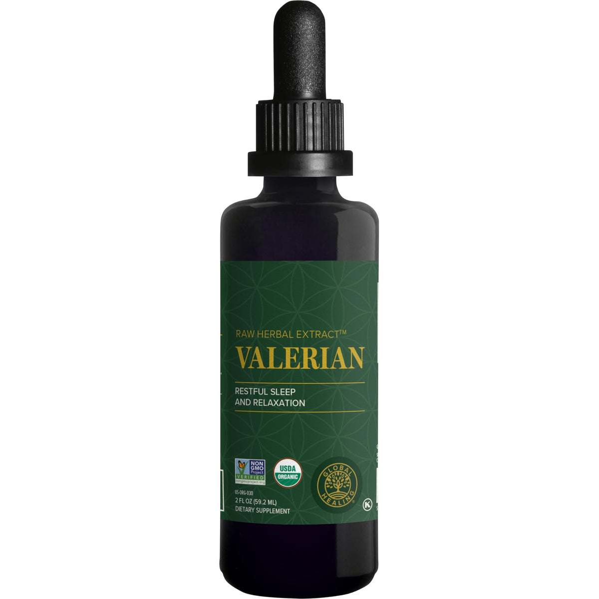 Global Healing Center Valeriana: botella en primer plano para relajación nocturna