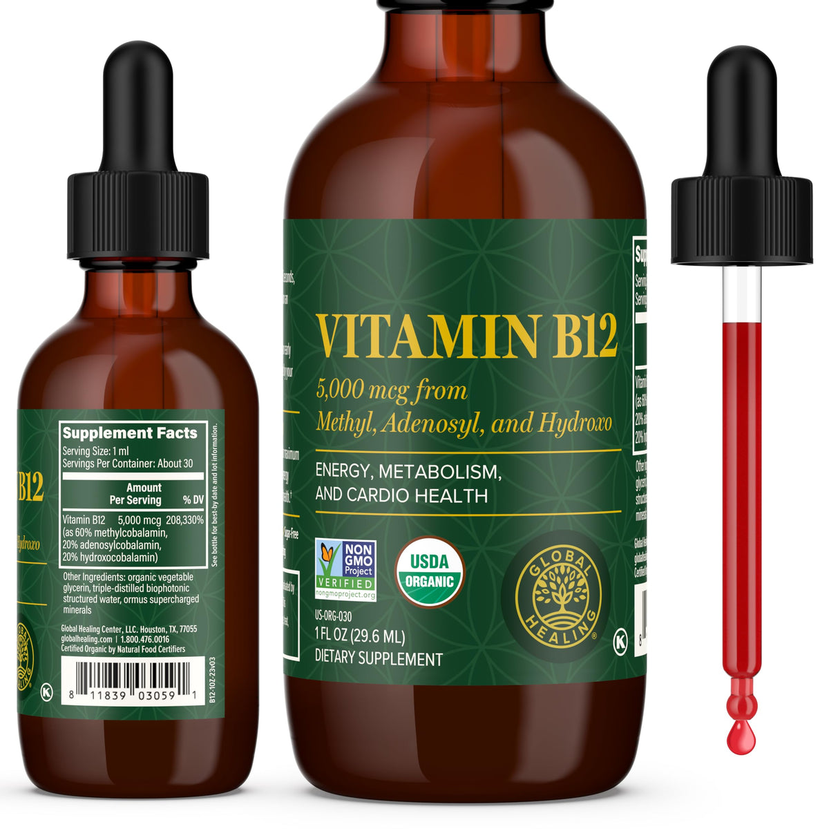 Global Healing Center Vitamina B12 Sublingual 5000 mcg, formato líquido para energía diaria
