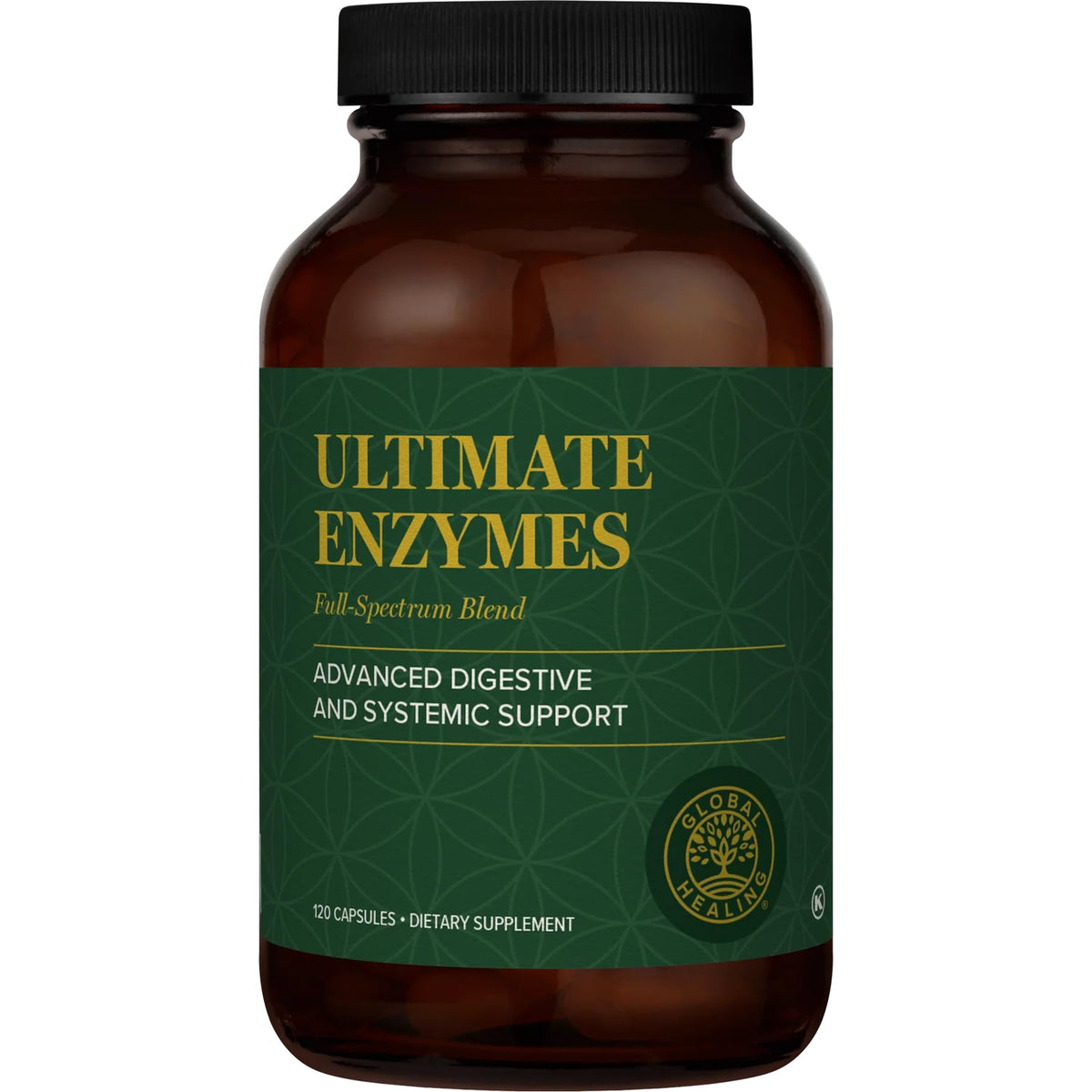 Global Healing frasco de enzimas ofrece apoyo digestivo diario y sensación de ligereza.